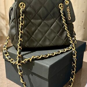 Chanel Quilted Black Leather Bag with Gold Chain